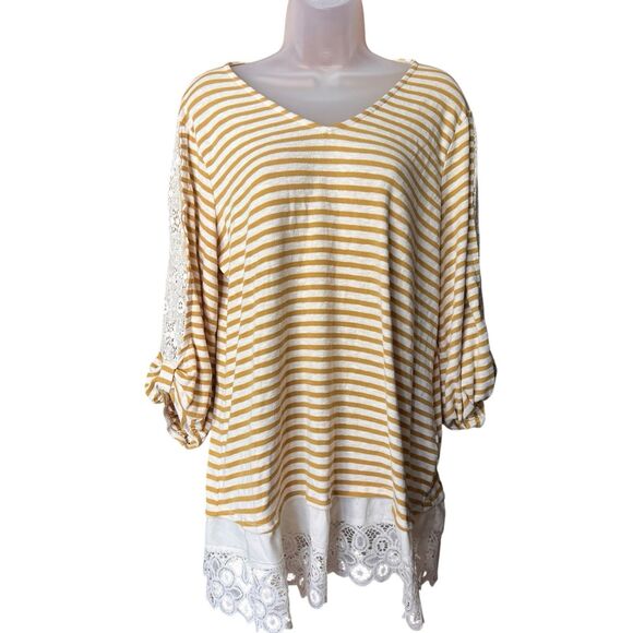 Cato Mustard Yellow Striped Lace Trim Tunic Top Sz Large Lagenlook Cottagecore - Picture 1 of 8